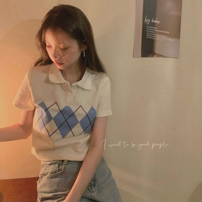 M FESYEN TAMA KNIT TOP CROP TOP KOREAN STYLE KOREAN COLLAR CROP TOP ARGYLE KOREAN BLOUSE WANITA CROP