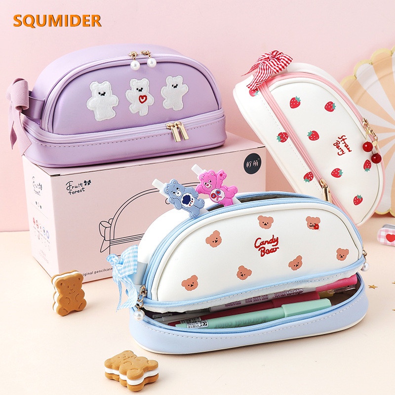 

Cherry PU cute pencil case school Stationery storage bag Leather cosmetic bag big pen case gifts for