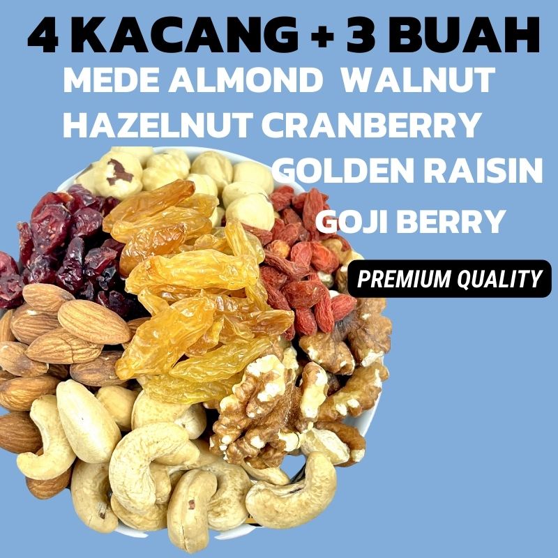 

TRAIL MIX SPECIAL 7 1KG KACANG MEDE ALMOND HAZELNUT WALNUT GOJI BERRY GOLDEN RAISIN CRANBERRY
