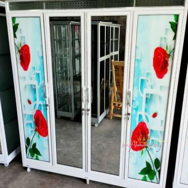 Lemari Pakaian / Lemari Baju  4 Pintu Kaca Motif Bunga Bahan Alumunium
