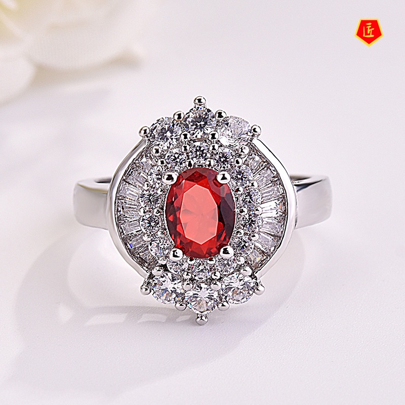 [Ready Stock]Luxury Fashion Inlaid Ruby Ladder Square Diamond Ring