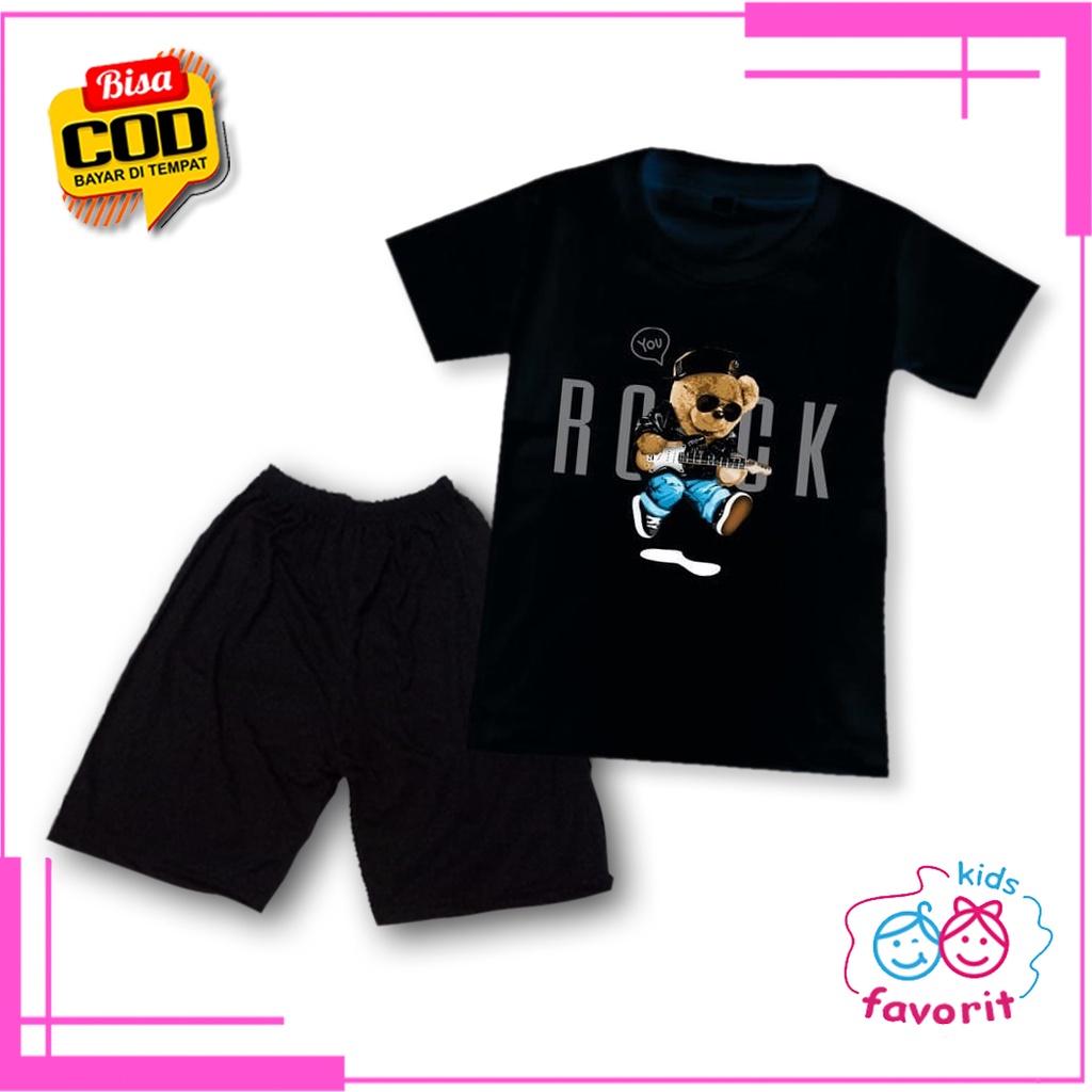 Favorit kids setelan baju anak perempuan dan stelan anak laki laki lengan pendek gambar Teddy bear ROCK terbaru