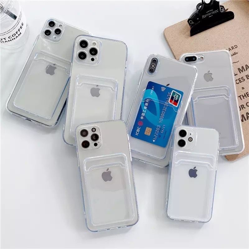 CLEAR CASE SLOT CARD HOLDER FOR IPHONE 6 6G 6S 6+ 6S+ 7 7+ 8 8+ PLUS SE 2 2020 X XS MAX XR 11 12 13 14 15 PLUS PRO MAX Casing Transparent Soft TPU Card Holder Clear Phone Cover