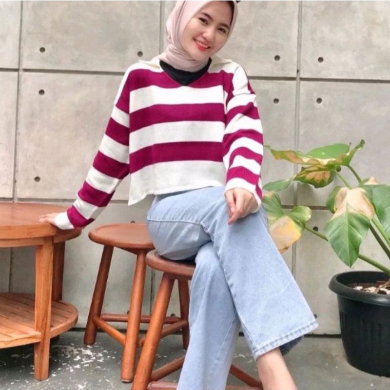 SWEATER FUJI CROP | Kerah Tinggi | Sweater Blaster | Atasan Rajut Wanita Blouse Oversize