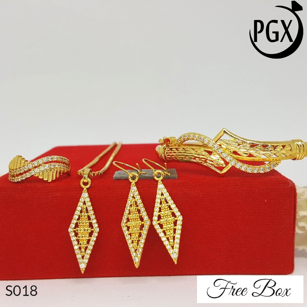 PGX Set Perhiasan Xuping Cincin Gelang Kalung Anting Lapis Emas - S018