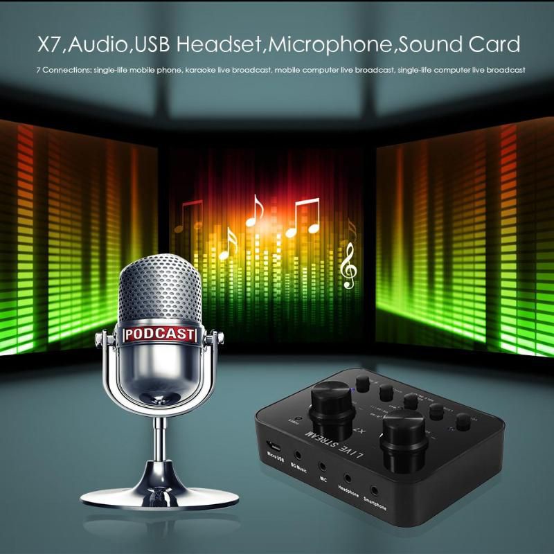 Audio USB External Soundcard Live Broadcast Microphone Headset - X7 - Black