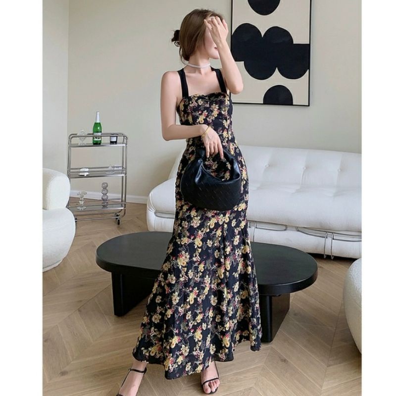 03320 Baju Dress Maxi panjang belakang tali motif bunga bunga model duyung rempel semata kaki pesta 