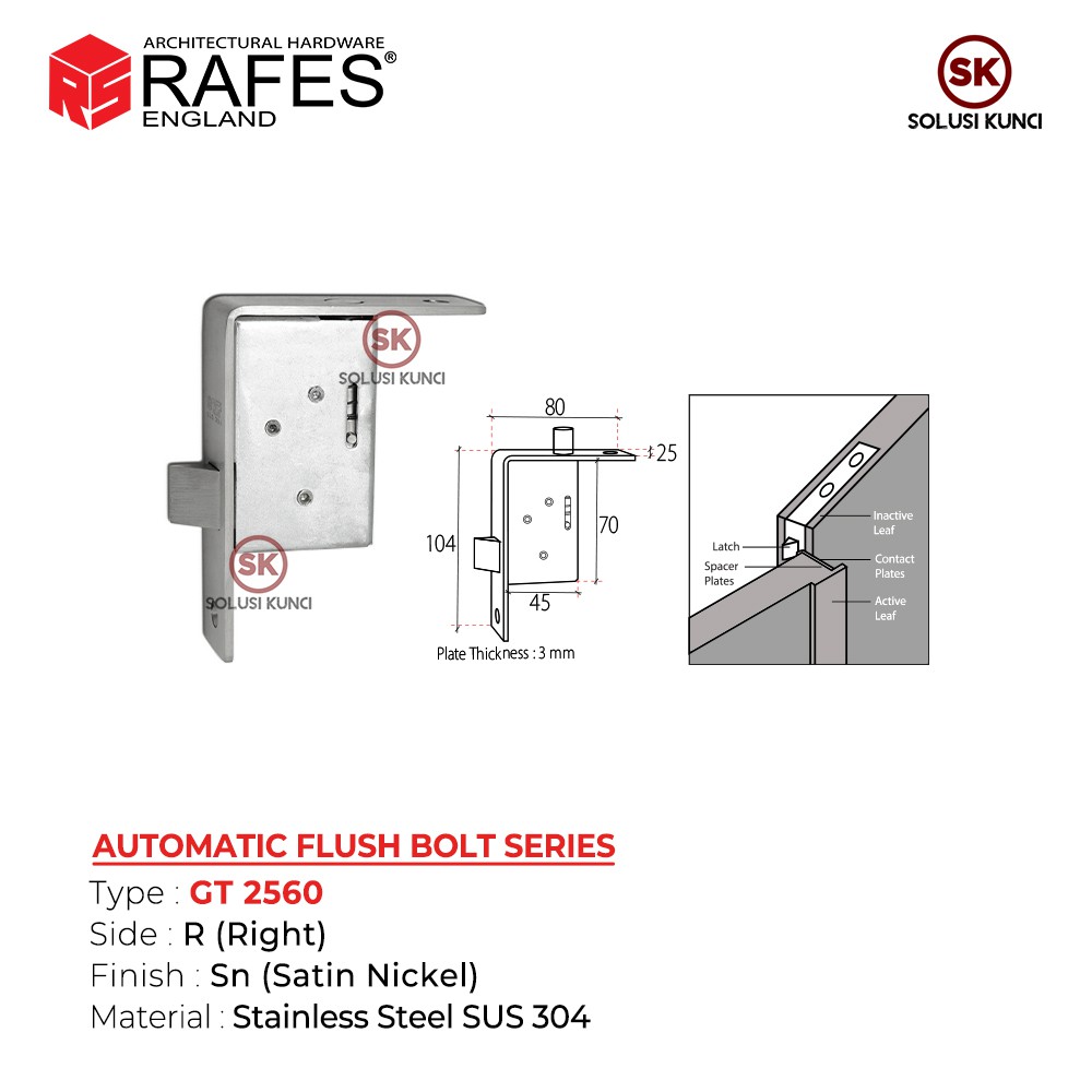 Grendel Tanam Otomatis / Automatic Flush Bolt RAFES England (GT 2560)