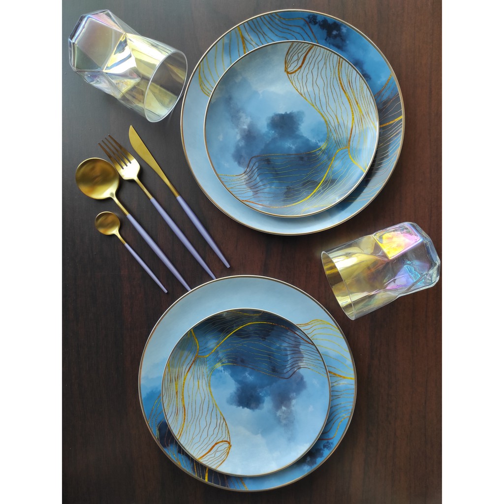 Hampers Pernikahan, Ulang Tahun, Piring Keramik Set Blue Gold Waves x Lilac