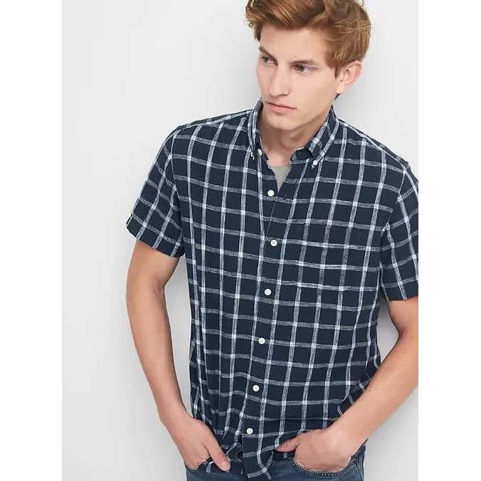 Kemeja Gap Short Sleeve Shirt Linen Cotton Navy Plaid Oxford Original .Aruansy.Olshop