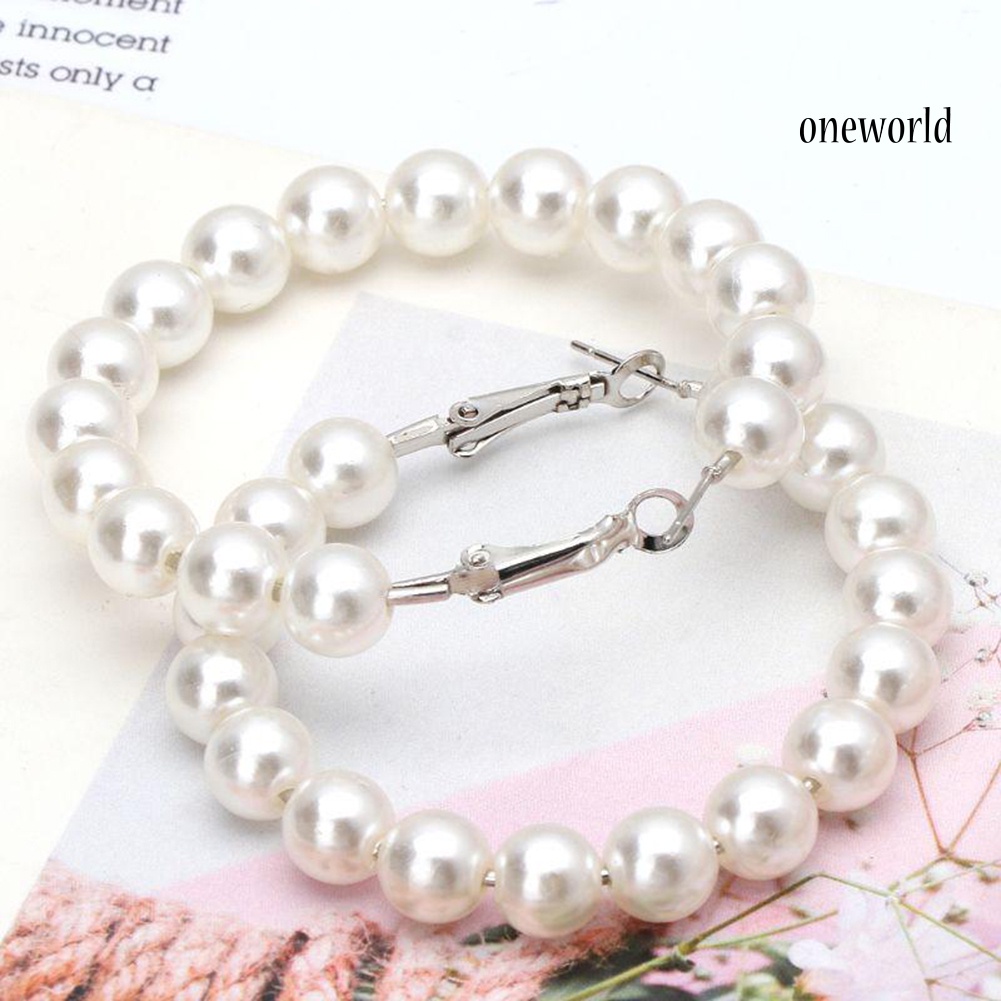 OW@ Elegant Lady Faux Pearl Big Circle Dangle Hoop Earrings Statement Jewelry Gift