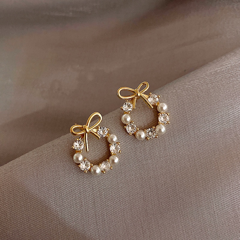 ➰CKK➰K37 Anting Tusuk Pita Mutiara Wanita