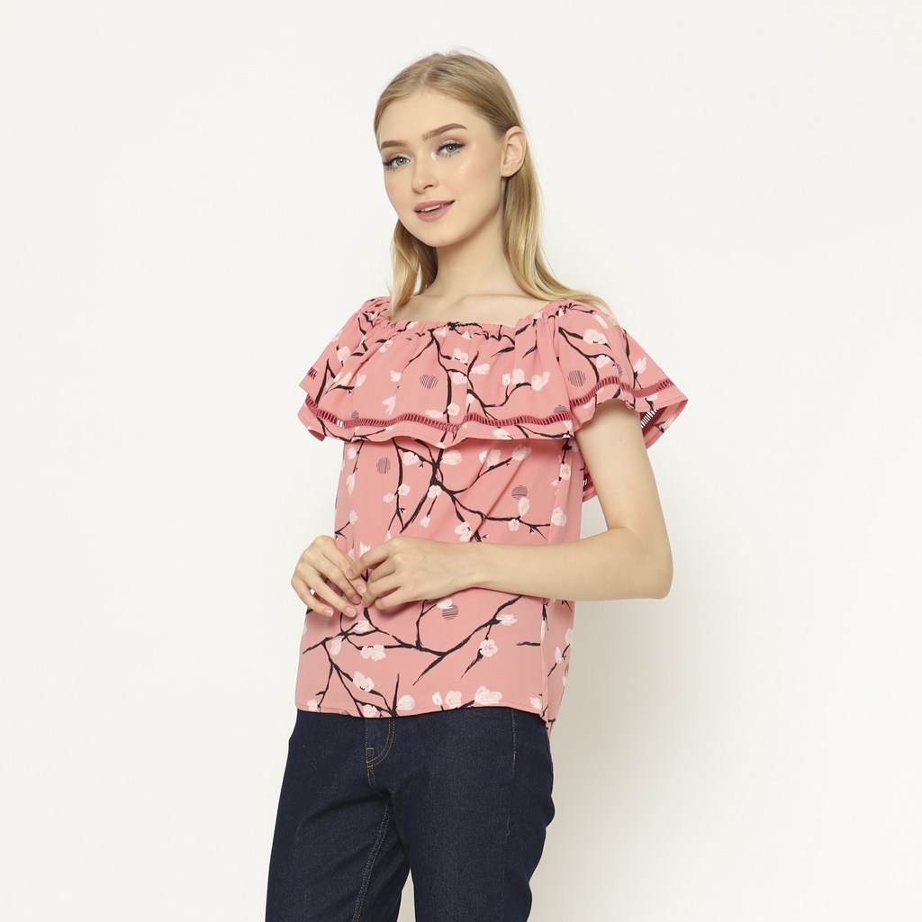 Sabrina Sakura - Blouse Lengan Pendek - Atasan Wanita Off Shoulder Pink Motif Bunga PA61/PA8