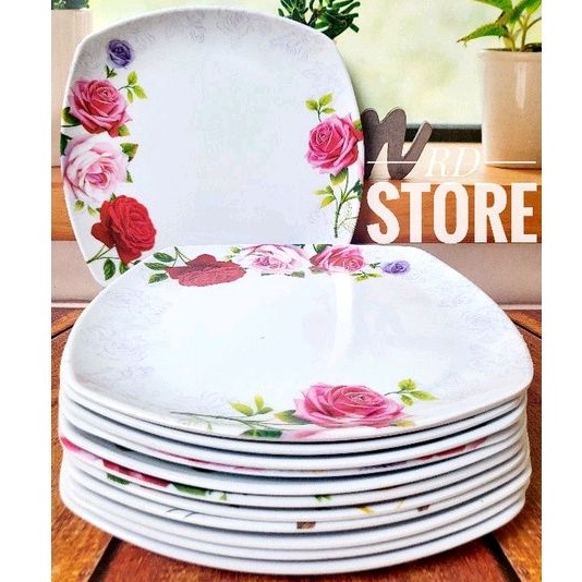 PROMO 12.PCS PIRING PERSEGI CEPER PRASMANAN MELAMINE MOTIF ROSE