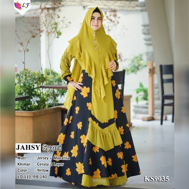 Jahsy syari gamis bahan Jersey Kombi monalisa HQ set khimar ld 110 PB 140