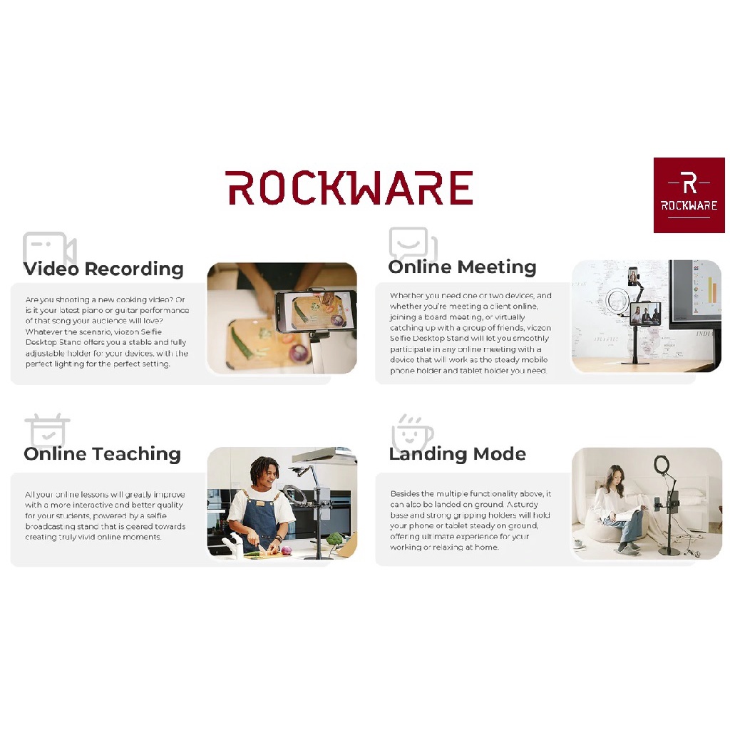 ROCKWARE LP-4PD - Premium Desktop Selfie Phone and Tablet Live Stand