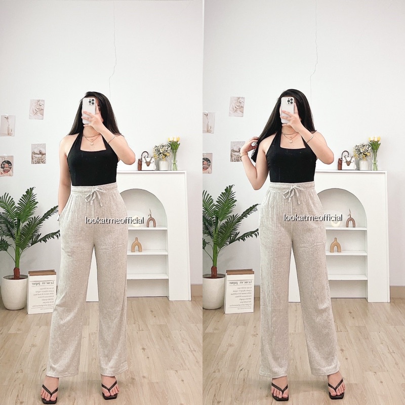 lookatmeofficial • Celana Kulot Highwaist Posh Knit Loose Pants Cullote Dengan Tali Serut