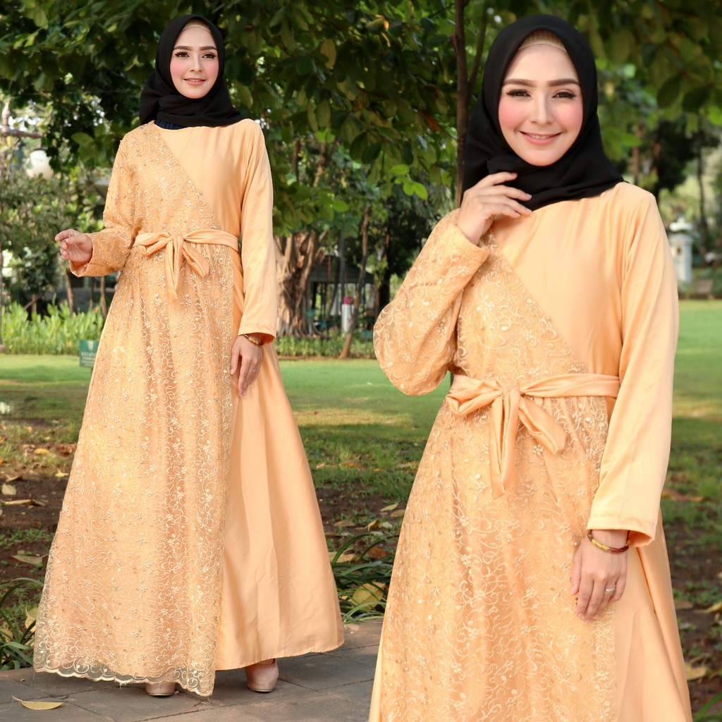 Dress Brukat Wanita Maxi Dress Carlita / Gamis Wanita bahan Velvet Roberto / Fashion Muslim / Baju Pesta