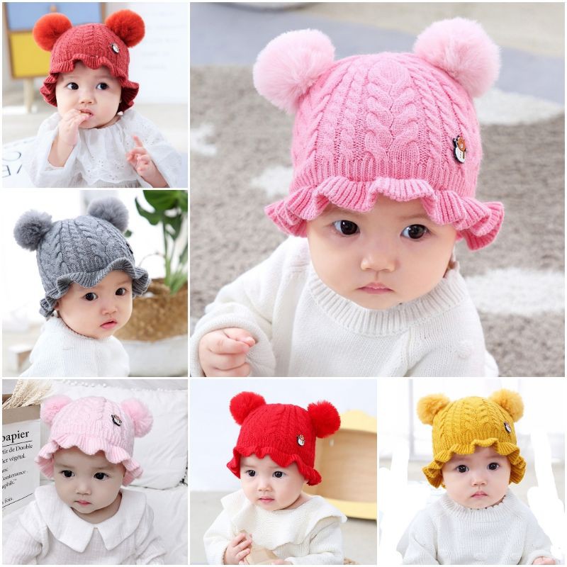 Topi bayi rajut pom renda pin bear Knitted Ruffle Baby hat kupluk