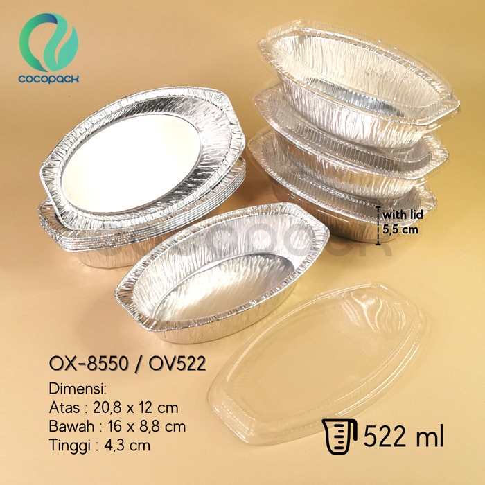 10 PCS OX-8550 Aluminium Foil Cup Oval OV522 + Tutup Mika