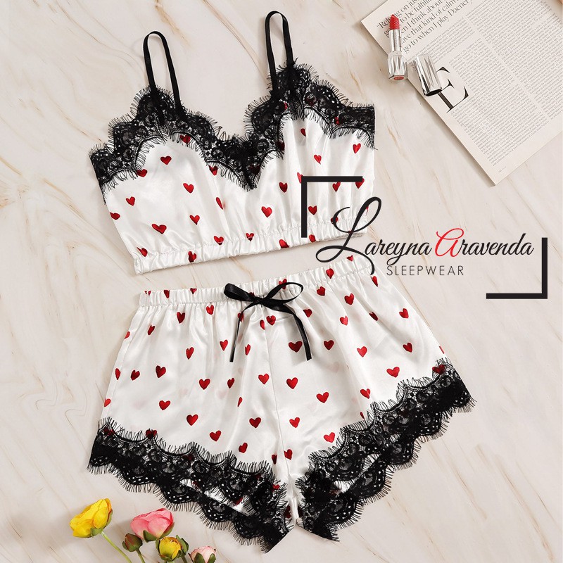 Setelan Baju Tidur Simple Celana Pendek Sexy Motif Love List Renda DS014