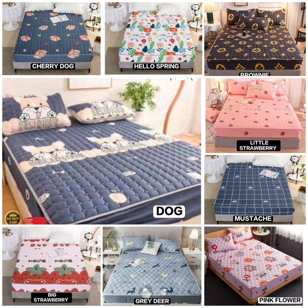 Sprei Waterproof Quilt Import Anti Air Sprai Ompol Debu Tungau  160x200x25 Motif l Seprei Bayi Anak Dewasa Empuk Karet Keliling King Size 160x200 Tinggi 25 l Sprey Protector Pelindung Kasur