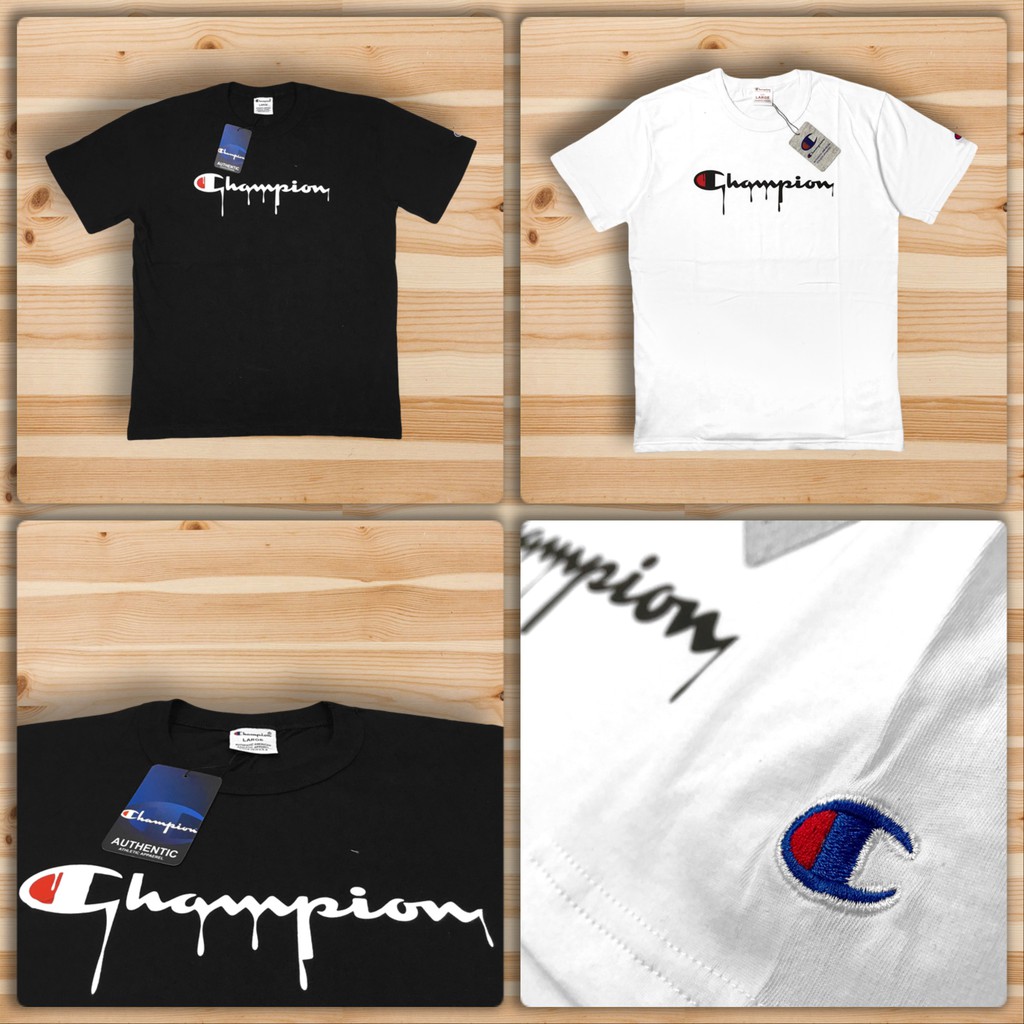 T SHIRT KAOS  CHAMPION  DRIPPING SCRIPT LOGO BLACK WHITE 