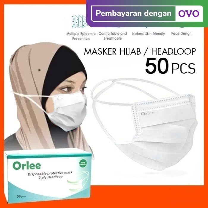 Masker Headloop Hijab 3 Ply 3Ply Kemenkes Orlee isi 50 pcs