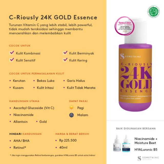 SOMETHINC Criously 24K Gold Essence Stabilized Vitamin C Indonesia / Vit Serum Facial Wash Cleansing Essence Mist Toner Ampoule Eye Cream Creme Eye Gel Sunscreen Sleeping Mask Masker Moisturizer Body Scrub Lotion Cushion Lipstick Lip Tint Sugar Wax Paket