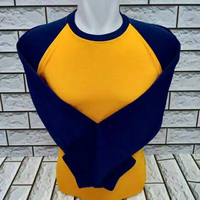 KAOS POLOS RAGLAN LENGAN PANJANG KUNING KUNYIT BIRU DONGKER