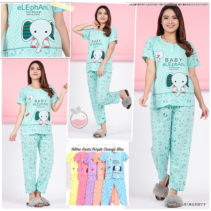 Lilipop.id  Baju Tidur Wanita CP Elephant Setelan Piyama BabyDoll Kaos Celana Panjang