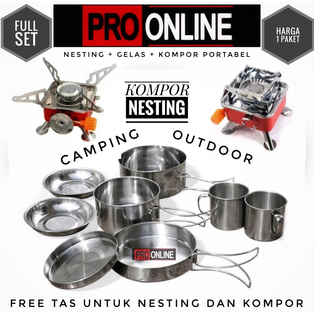 Nesting 8 set stainless dan kompor windproof - cooking set stainless camelwill - alat masak portable