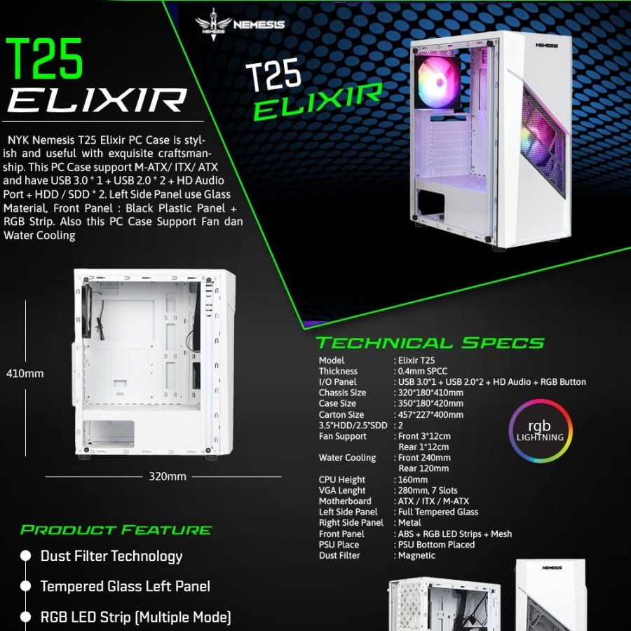 NYK T25 ELIXIR Casing Komputer PC Gaming include 1Fan RGB - Casing PC
