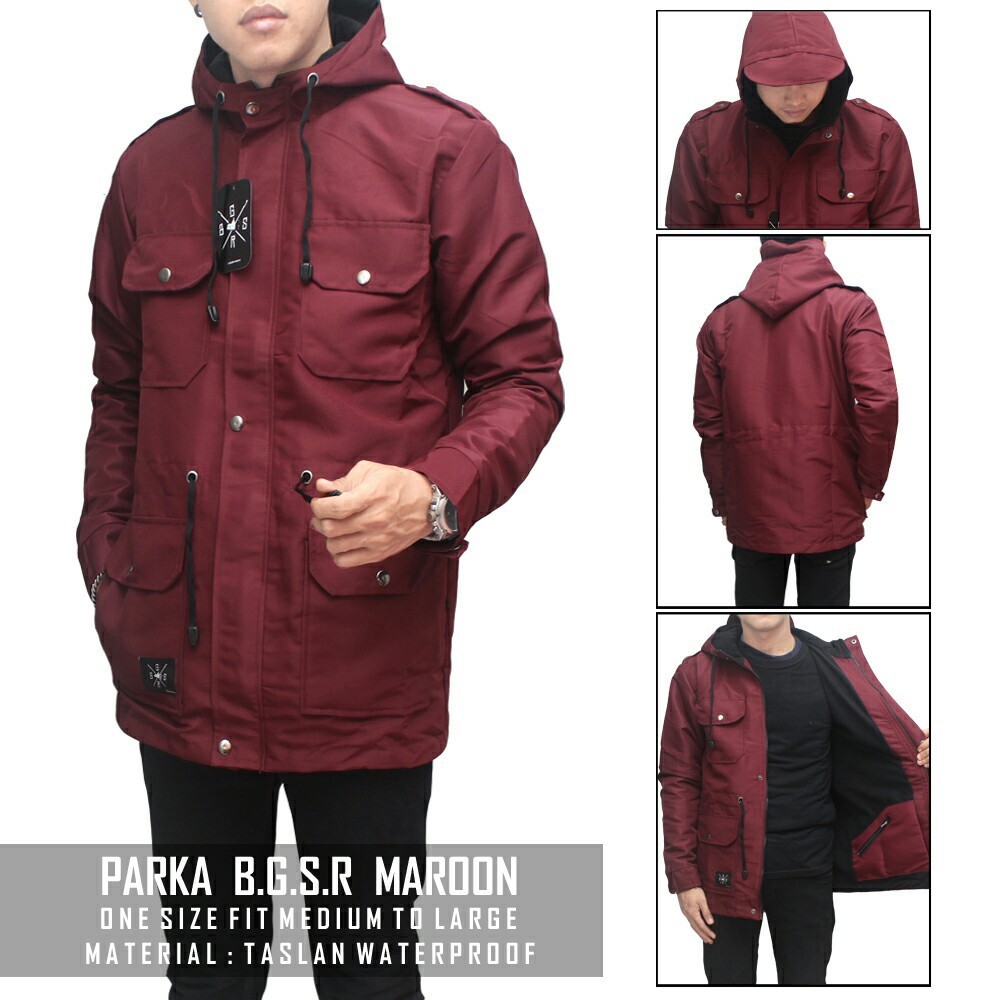 Jaket Parka Waterproof BGSR Pria Premium Anti air Merah Marun