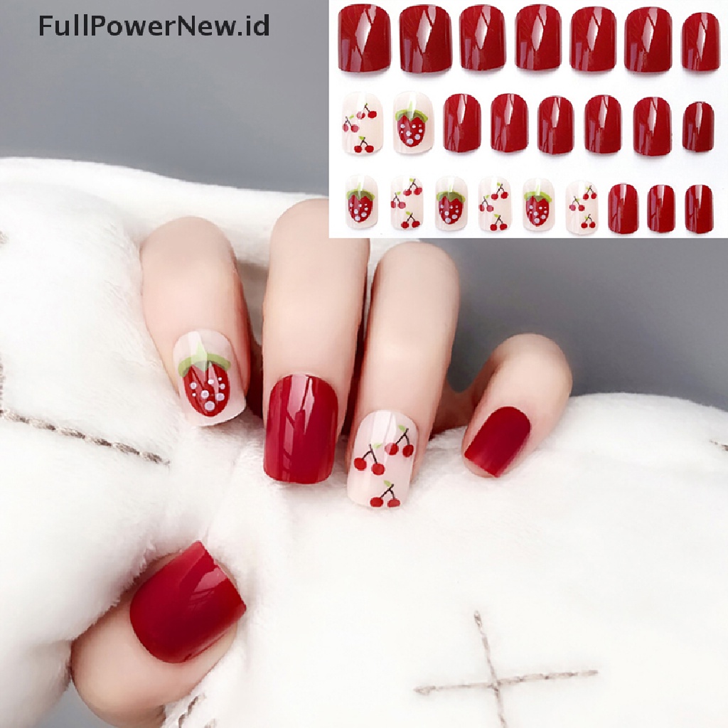 24 Pcs Kuku Palsu Full Cover Motif Strawberry Cherry Untuk Dekorasi Manicure