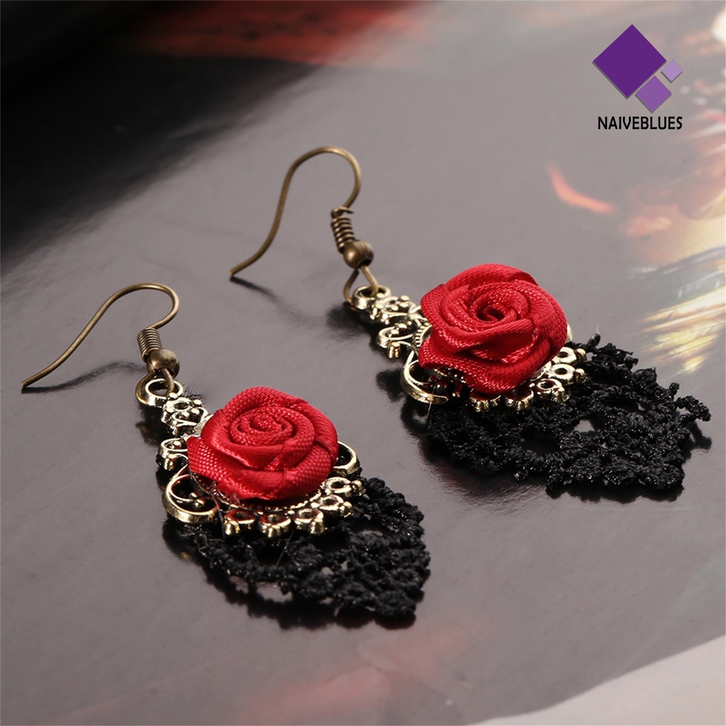 1 Pasang Anting Kait Gantung Wanita Desain Renda Hollow Warna Merah Untuk Hadiah