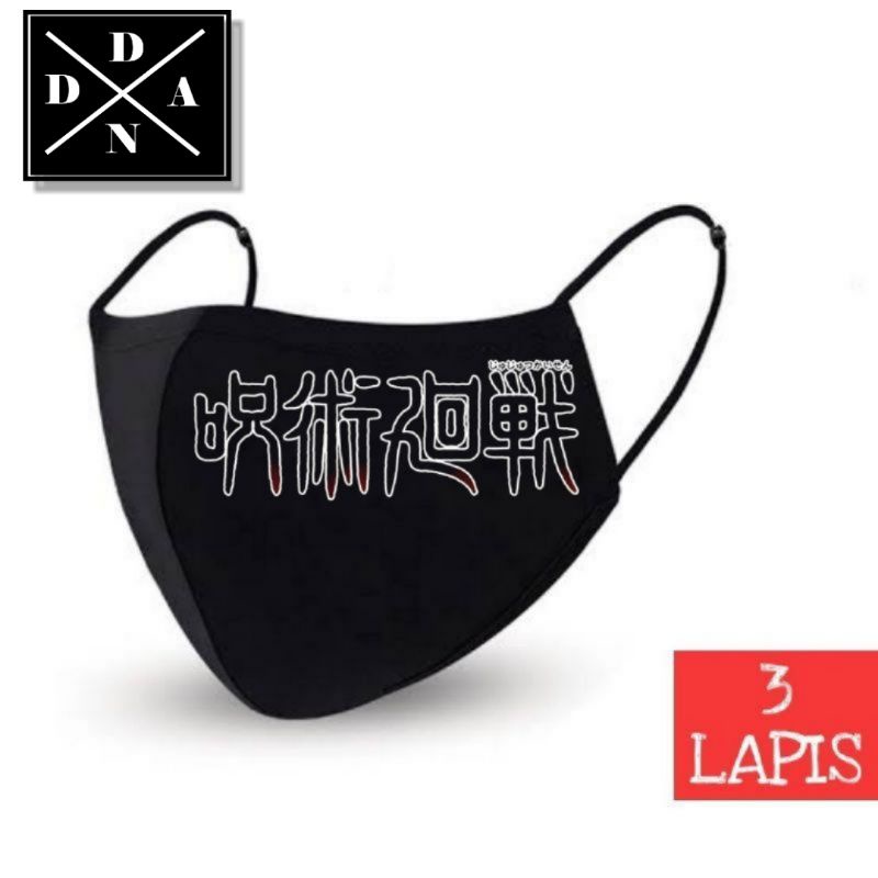masker kain 3ply hitam JUJUTSU KAISEN anime manga logo tulisan kanji earloop pria wanita 3lapis mask