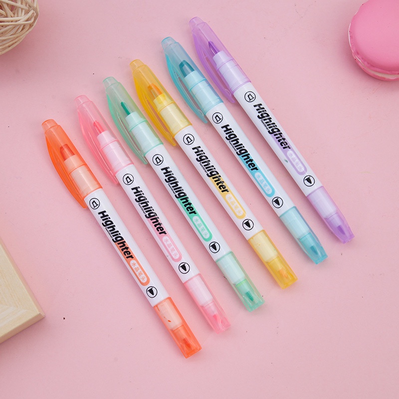 6Pcs/set Double-headed Fluorescent Highlight Pens / Dual Tip Markers Pens for Students Painting Art Drawing Doodling Marking Stationery