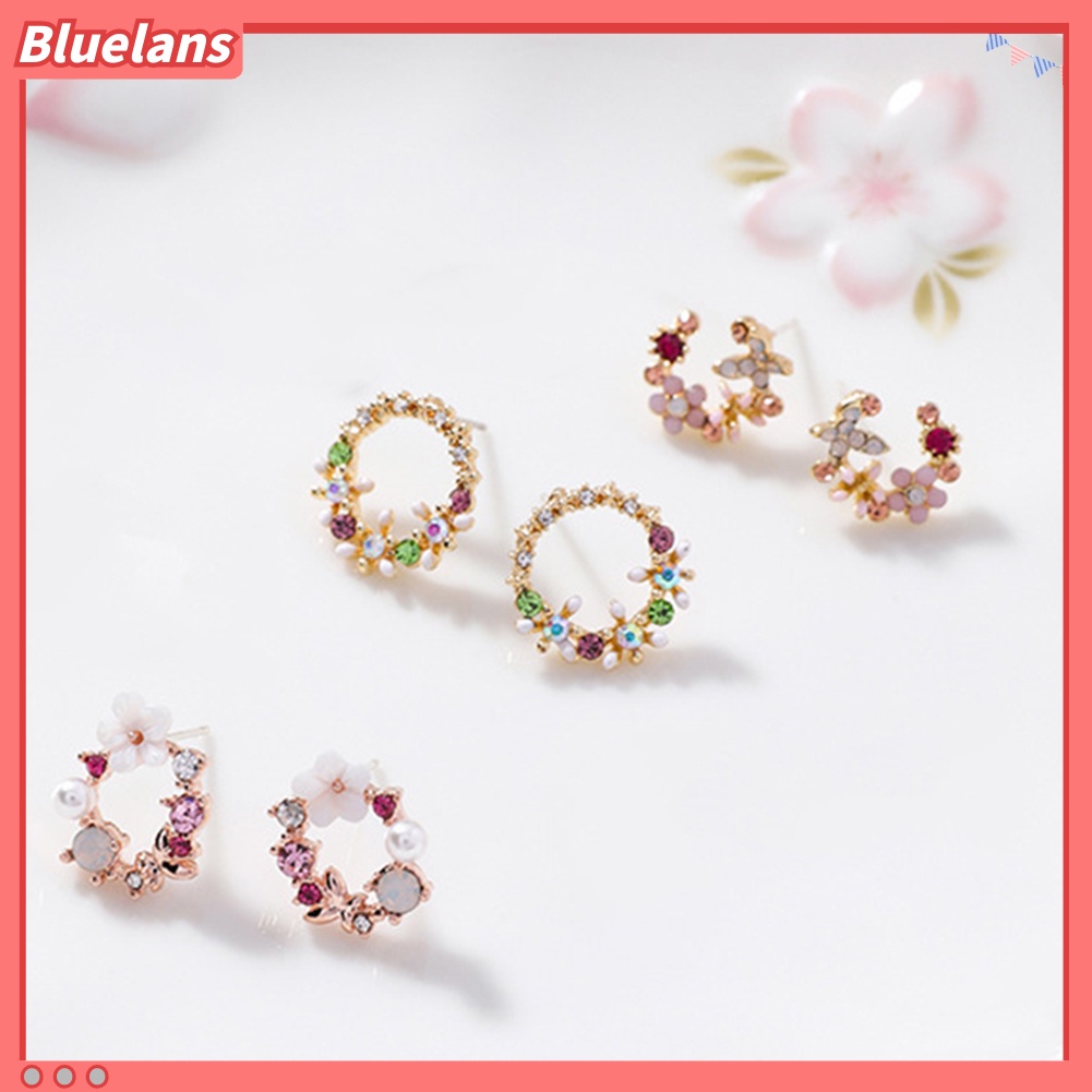 Bluelans Women Flower Circle Heart Waterdrop Faux Pearl Rhinestone Inlaid Stud Earrings