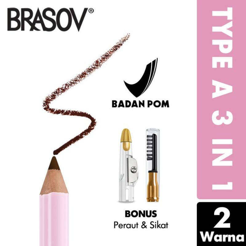 Brasov Pensil Alis 3 IN 1 + Serutan + Sikat 2.5 GR Eyebrow Pencil TYPE A Pigmented Hitam Coklat