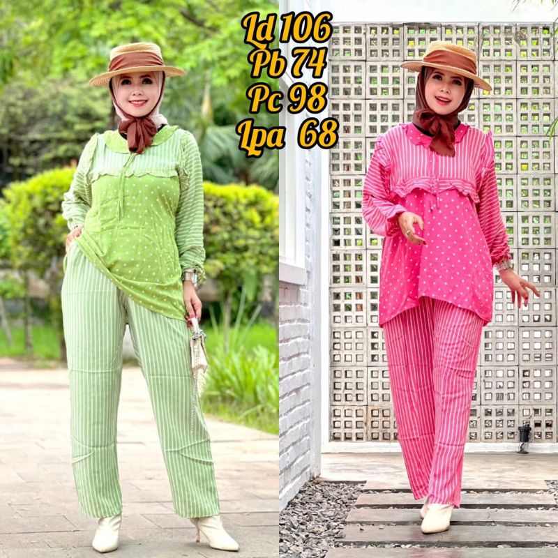 One Set Baju Wanita Busui Setelan Celana Kombinasi Motif Garis Polkadot Bahan Rayon