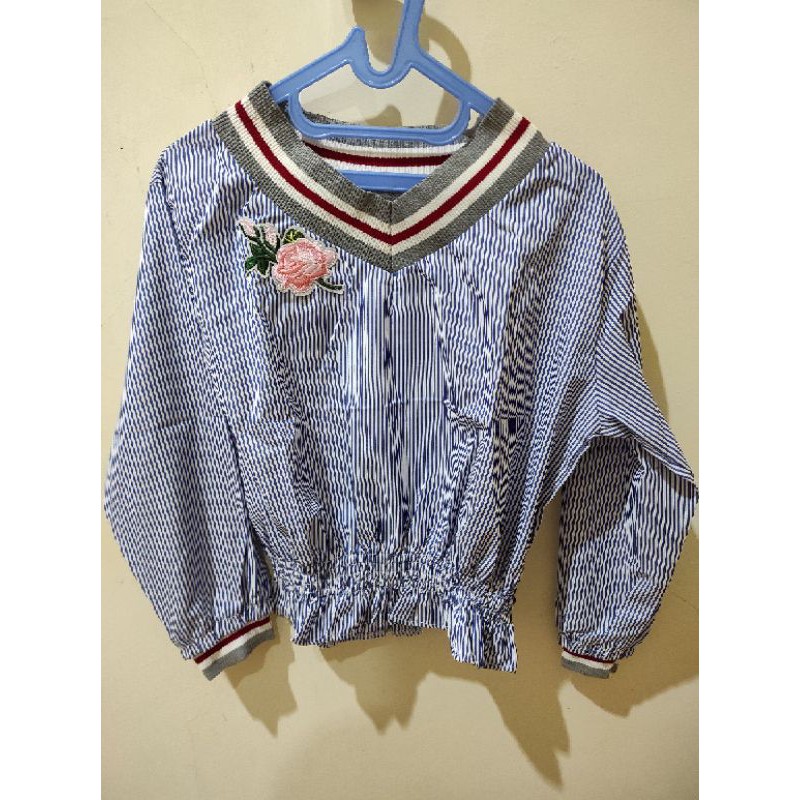 Baju/Atasan/Blouse V Neck Lengan Panjang Bergaris Dengan Pinggang Karet