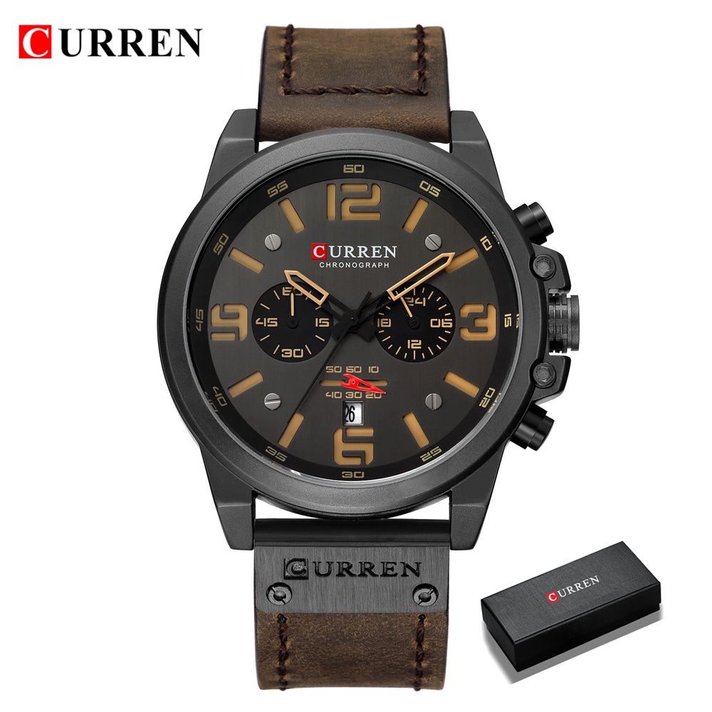 CURREN 8314 Jam Tangan Pria Analog Tali Kulit Chronograph Aktif Pria Militer Tahan Air Jam Kuarsa