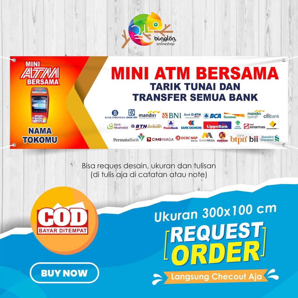 Size 300x100 Cm, Spanduk Banner Mini ATM Bersama Custom Nama Toko