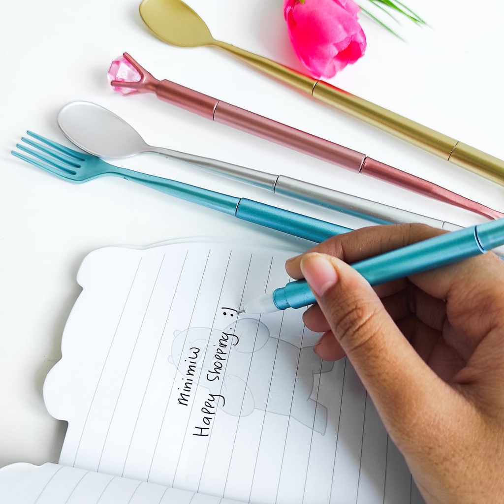 SELUSIN PULPEN SENDOK GARPU  KRISTAL ISI 12 PCS ALAT TULIS BOLPOIN UNIK IMUT MURAH PEN GEL KARAKTER PENA UNIK LUCU MURAH