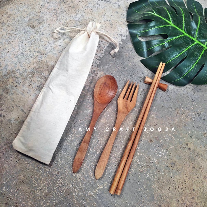 Paket Sendok Garpu Kayu Jati + Pouch Kain/Alat Makan Kayu Jati/Satu Set Sendok Garpu Kayu Jati/pouch
