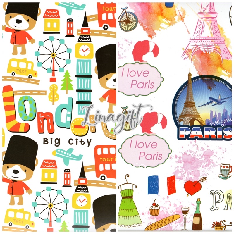 ( 5 Lembar ) KERTAS KADO SR GLOSY - GIFT WRAPPING PAPER LONDON PARIS BIG BEN MENARA EIFEL CLASSIC FANCY VINTAGE