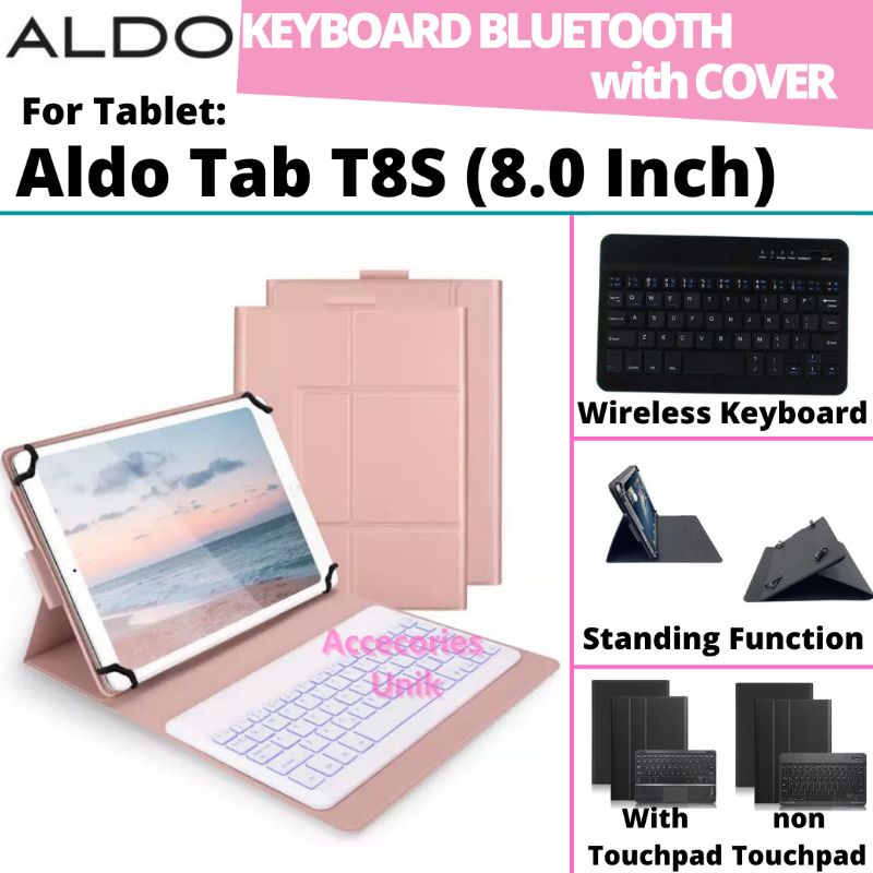 Tablet Aldo Tab T8s 8 Inci Inch 8" Book Cover Keyboard Wireless Bluetooth Flip Stand Case Casing