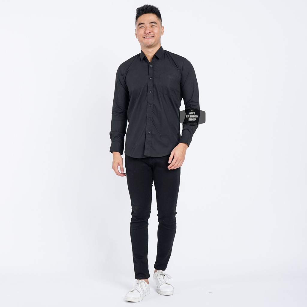 KEMEJA PRIA LENGAN PANJANG POLOS HITAM PEKAT FULL BLACK SOLID SLIMFIT