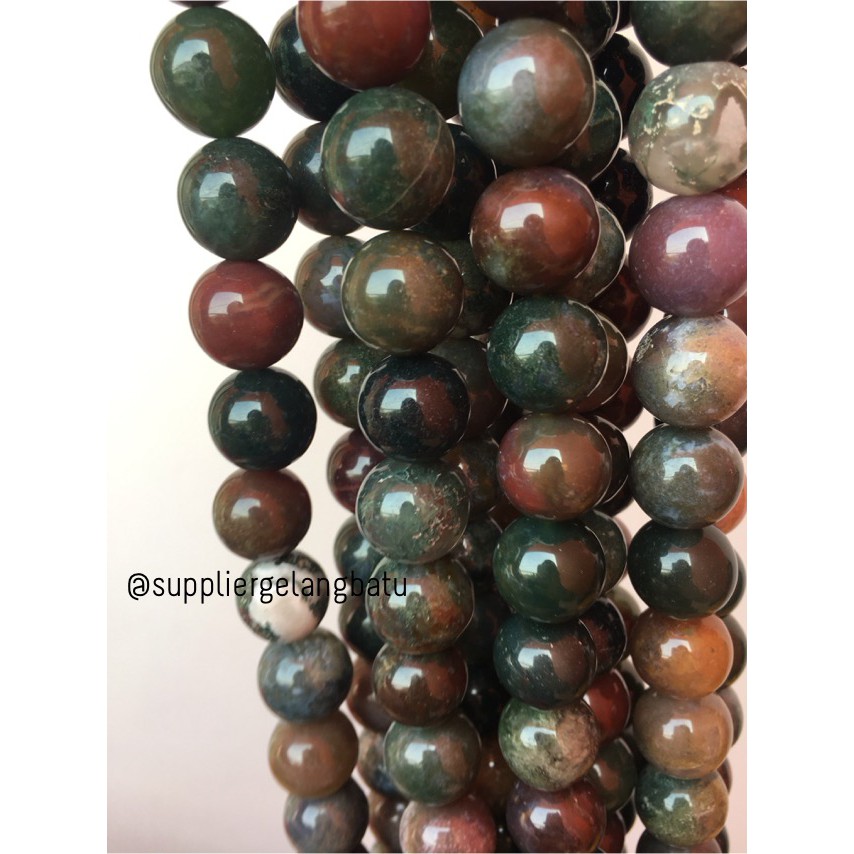 bahan gelang kalung 16mm INDIA AGATE glossy bloodstone hijau mix rare craft fashion aksesoris trend